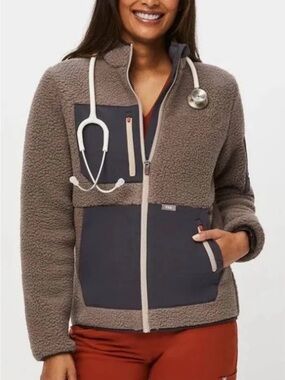 Figs Taupe Sherpa Jacket with Dark Gray Contrast Panels - Medium